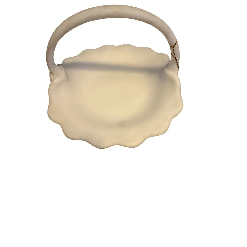 Vintage  White Satin Milk Glass Hobnail Basket Ruffled Edge Applied Handle